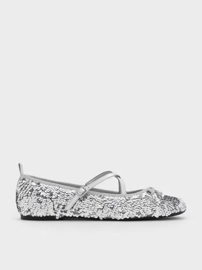 Charles & Keith - Sequinned Crossover Mary Jane Flats In Silver