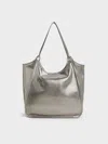 Charles & Keith - Sianna Metallic Crinkle-effect Slouchy Tote Bag In Pewter