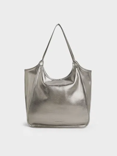 Charles & Keith - Sianna Metallic Crinkle-effect Slouchy Tote Bag In Pewter