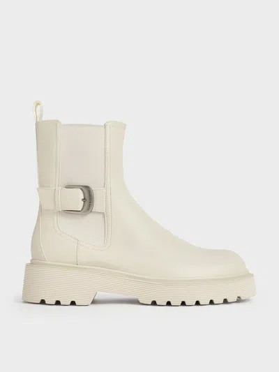 Charles & Keith - Side-buckle Ridged-sole Chelsea Boots In Chalk