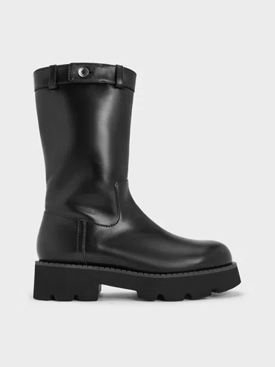 Charles & Keith - Side-zip Lug-sole Calf Boots In Black
