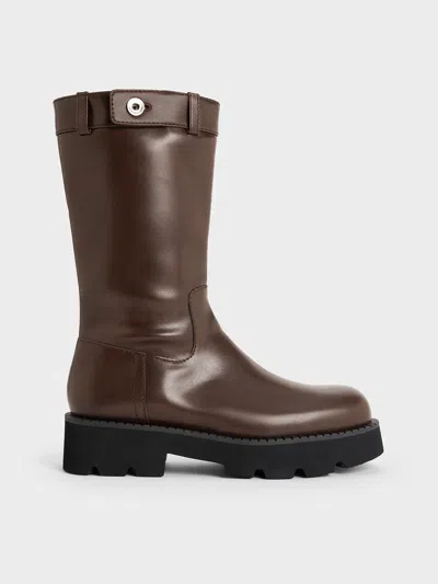 Charles & Keith - Side-zip Lug-sole Calf Boots In Dark Brown