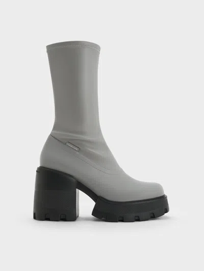 Charles & Keith - Side-zip Platform Calf Boots In Grey