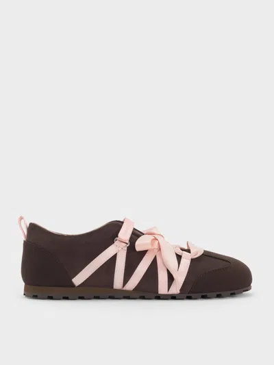 Charles & Keith - Silko Faux Suede Satin-lace Ballet Sneakers In Brown
