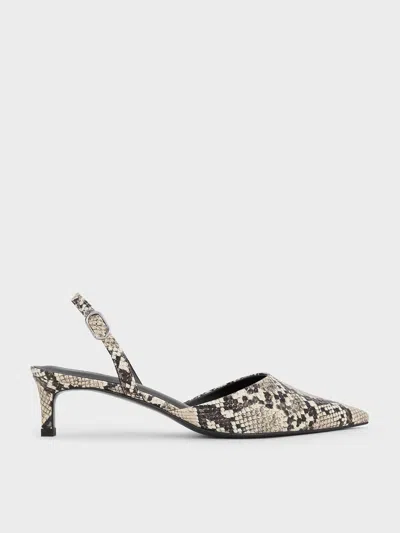 Charles & Keith - Snake-print Pointed-toe Slingback Kitten Heels In Animal Print Natural