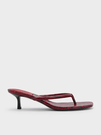 Charles & Keith - Snake-print Square-toe Kitten-heel Thong Sandals In Burgundy
