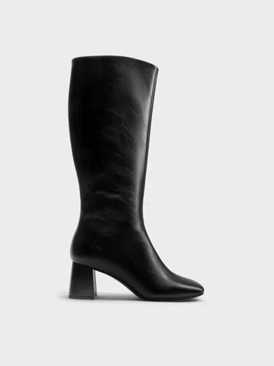 Charles & Keith - Square-toe Side-zip Knee-high Boots In Black