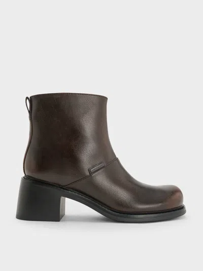 Charles & Keith - Stitch-trim Block-heel Ankle Boots In Dark Brown
