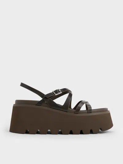 Charles & Keith - Strappy Crossover Flatform Sandals In Dark Brown