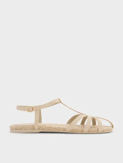 Charles & Keith - Strappy Raffia T-bar Ankle-strap Sandals