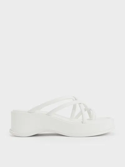 Charles & Keith Strappy Tubular Wedge Sandals In White