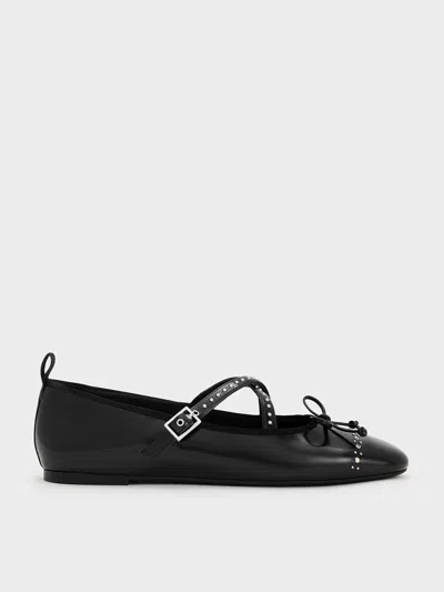 Charles & Keith - Studded Crossover-strap Mary Jane Flats In Black Box