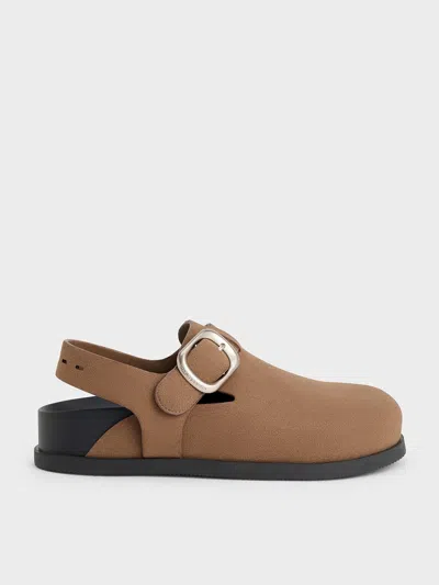 Charles & Keith - Suede Buckled Slingback Mules In Brown