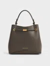 Charles & Keith - Sybill Geometric Bucket Bag In Dark Moss