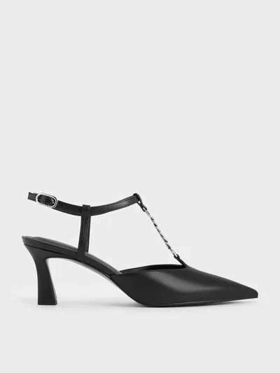 Charles & Keith - T-bar Chain-link Pointed-toe Pumps In Black
