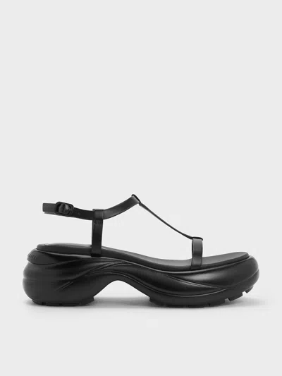 Charles & Keith - T-bar Curved Platform Sports Sandals In Black