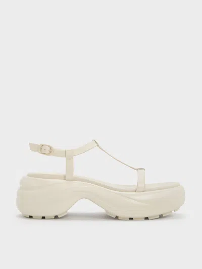 Charles & Keith - T-bar Curved Platform Sports Sandals In Cream