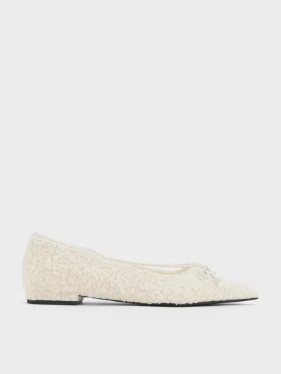 Charles & Keith - Textured Bow Pointed-toe Ballet Flats In White