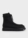 Charles & Keith - Textured Fur-lined Ridged-sole Ankle Boots In Black