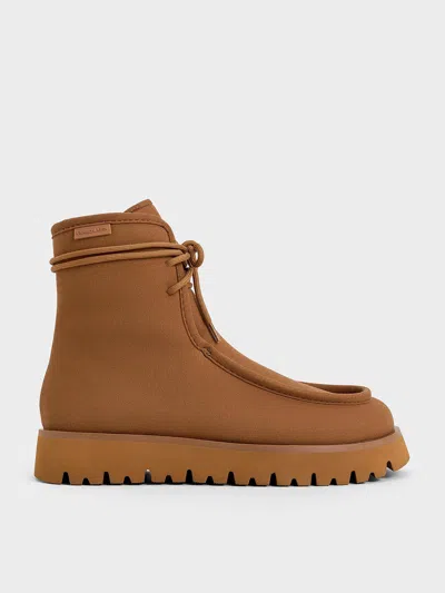 Charles & Keith - Textured Fur-lined Ridged-sole Ankle Boots In Brown
