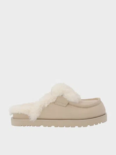 Charles & Keith - Textured Fur-trim Flatform Mules In Beige
