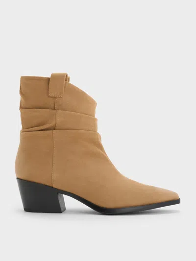 Charles & Keith - Faux Suede Ruched Almond-toe Cowboy Ankle Boots In Tan
