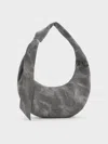 Charles & Keith - Toni Denim Knotted Crescent Hobo Bag In Dark Grey