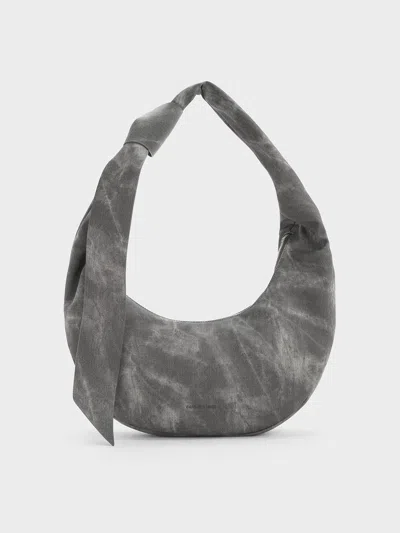 Charles & Keith - Toni Denim Knotted Crescent Hobo Bag In Dark Grey