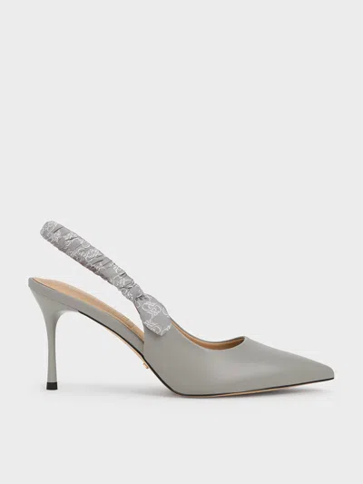 Charles & Keith - Tully Leather Ruched Print Slingback Pumps In Grey