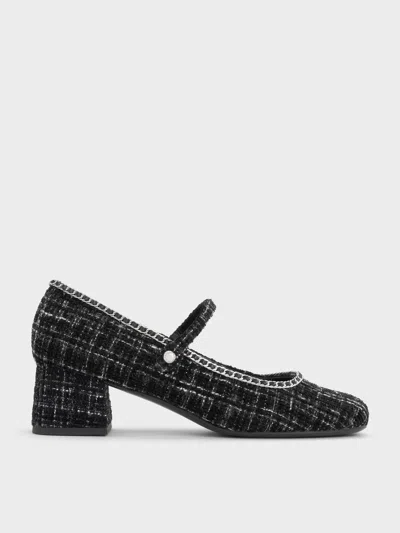 Charles & Keith - Tweed Braided-chain Block-heel Mary Jane Pumps In Black