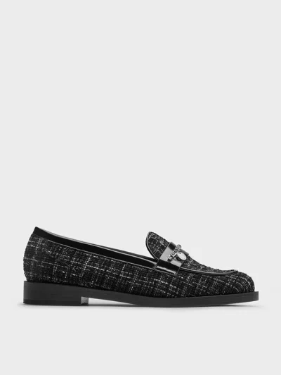 Charles & Keith - Tweed Braided-chain Metallic-accent Loafers In Black
