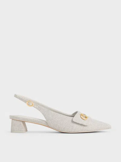 Charles & Keith - Tweed Metallic-accent Pointed-toe Slingback Pumps In Light Grey