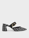 Charles & Keith - Tweed Pointed-toe Mary Jane Heeled Mules In Black Textured