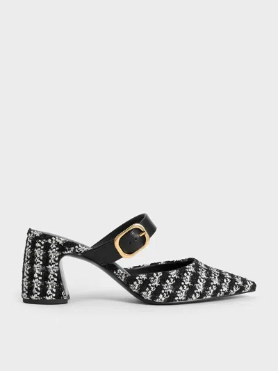Charles & Keith - Tweed Pointed-toe Mary Jane Heeled Mules In Black Textured