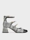 Charles & Keith - Tweed Triple-strap Cap-toe Mary Jane Pumps In Grey