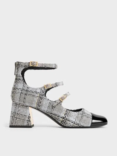 Charles & Keith - Tweed Triple-strap Cap-toe Mary Jane Pumps In Grey