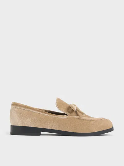 Charles & Keith - Velvet Bow Loafers In Beige