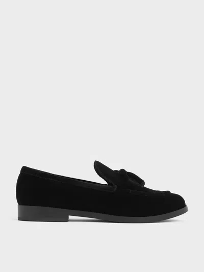 Charles & Keith - Velvet Bow Loafers In Black Textured