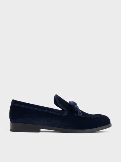 Charles & Keith - Velvet Bow Loafers In Dark Blue