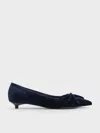 Charles & Keith - Velvet Bow Pointed-toe Kitten-heel Pumps In Dark Blue