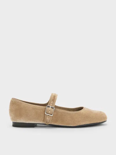 Charles & Keith - Carmel Velvet Buckled Mary Jane Flats In Brown
