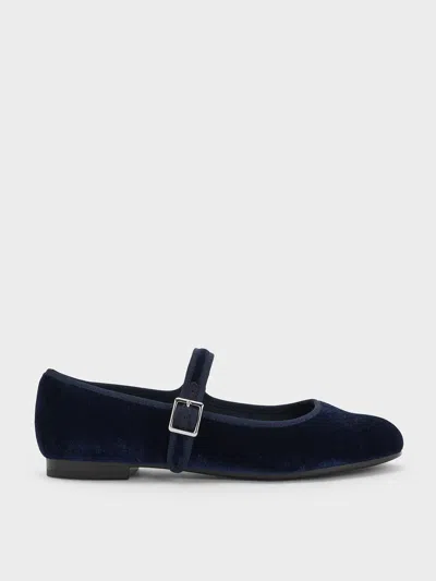 Charles & Keith - Carmel Velvet Buckled Mary Jane Flats In Dark Blue