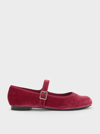 Charles & Keith - Carmel Velvet Buckled Mary Jane Flats In Pink