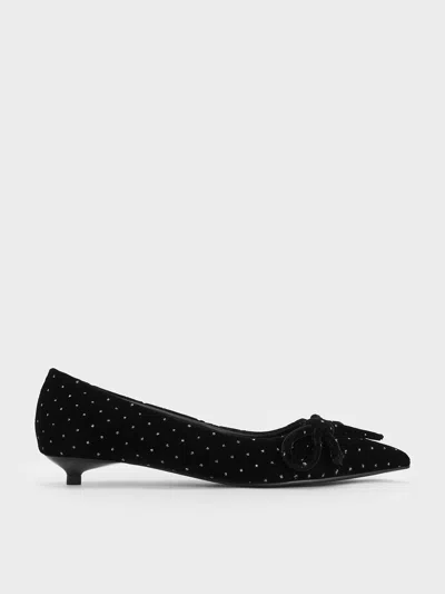 Charles & Keith - Velvet Dotted Bow Pointed-toe Kitten-heel Pumps In Black Textured