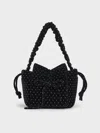 Charles & Keith - Velvet Dotted Bow Ruched Top Handle Bag In Black Textured