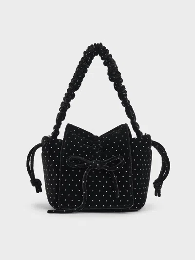Charles & Keith - Velvet Dotted Bow Ruched Top Handle Bag In Black Textured