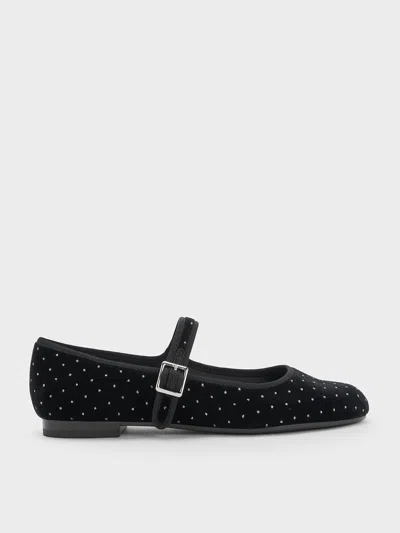 Charles & Keith - Carmel Velvet Dotted Buckled Mary Jane Flats In Black Textured
