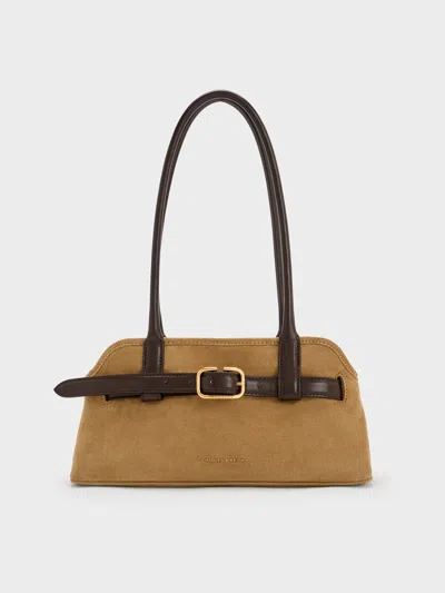 Charles & Keith - Victoria Recycled Suede Belted Elongated Shoulder Bag In Sand