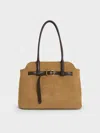 Charles & Keith - Victoria Recycled Suede Belted Trapeze Tote Bag In Sand
