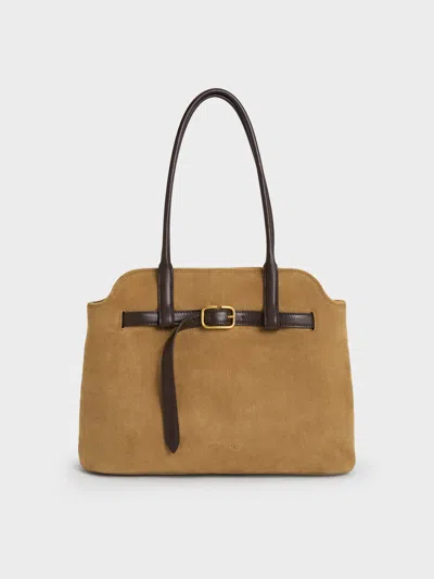 Charles & Keith - Victoria Recycled Suede Belted Trapeze Tote Bag In Sand